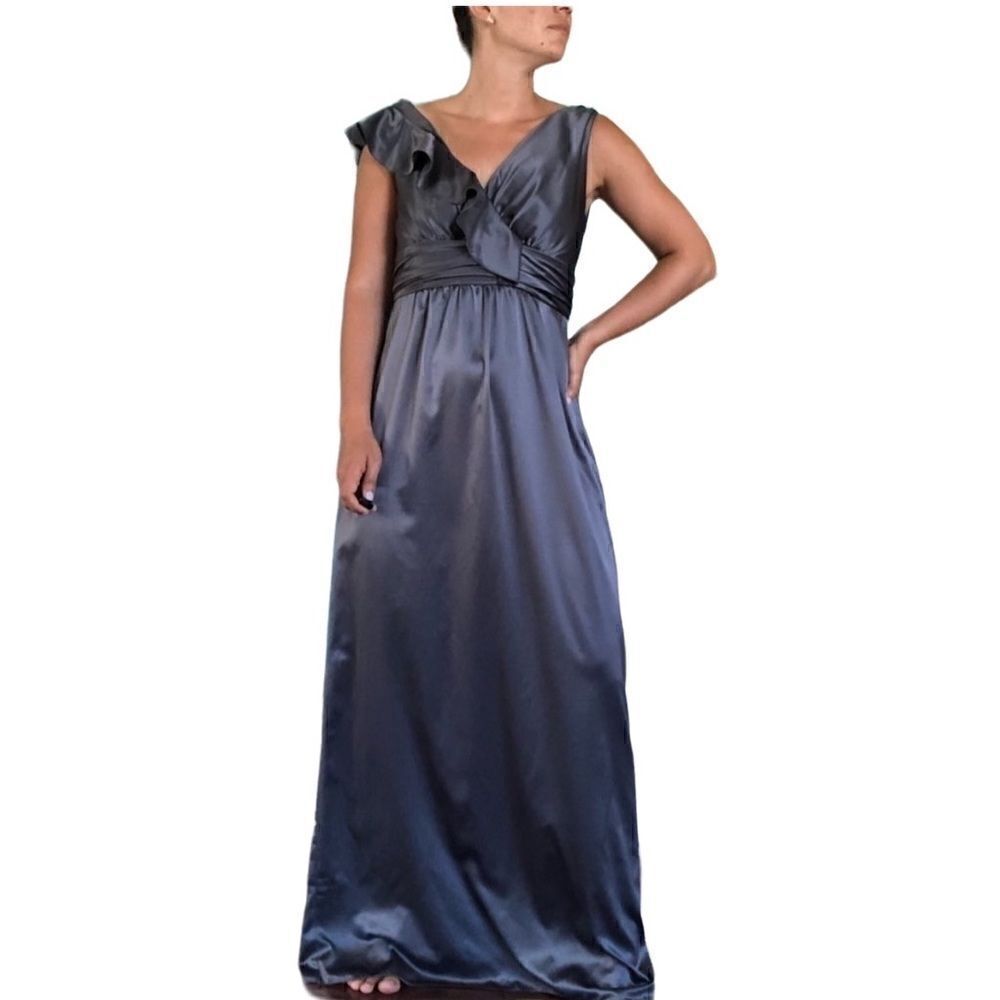 Amsale Satin Gray Gunmetal Ruffle Bridesmaids Dress Size 12 Sleeveless Wedding